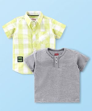 Babyhug Cotton Woven Half Sleeve Regular Collar One Pocket Checked Shirt with Solid Colour T-Shirt - Yellow