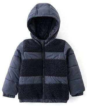 Babyhug Woven Full Sleeves Hooded Jacket with Fur Detailing - Navy