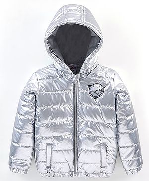 Babyhug Full Sleeves Woven Quilted Hoodie Landscape Patch - Silver