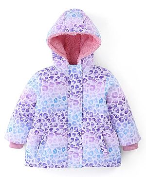 Babyhug Full Sleeves Woven Hoodie Leopard Print - Purple Blue & White