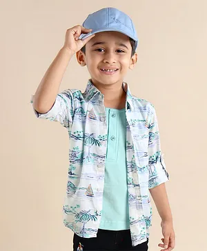 Rikidoos Full Sleeves Beach Printed Shirt With Attached Tee & Cap - White Blue