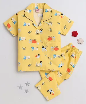 IndiUrbane Half Sleeves All Over Construction Vehicle Printed Coordinating Night Suit Set - Yellow