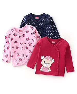 Babyhug 100% Cotton Vests Roses & Teddy Print Pack of 3 - Pink Blue & Red