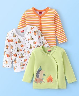 Babyhug 100% Cotton Knit Full Sleeves Front Open Vests Stripes & Animal Print Pack of 3 - Orange Green & White