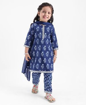 Babyhug 100% Cotton Woven Three Fourth Sleeves Kurti & Palazzo Set with Dupatta Floral Print - Indigo