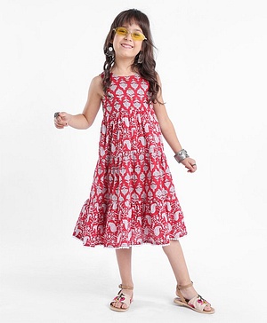 Babyhug 100% Cotton Sleeveless Frock Floral Print - Rust Red