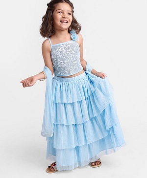Babyhug Sleeveless Woven Sequenced Choli With Glitter Net Tiered Lehenga With Dupatta  - Aqua