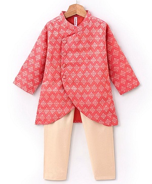 Babyhug Brocade Woven Full Sleeves Kurta & Pajama Set Argyle Design - Peach