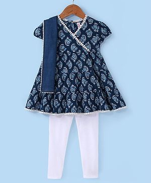 Babyhug Cotton Half Sleeves Printed Kurti With Leggings And Dupatta- Indigo