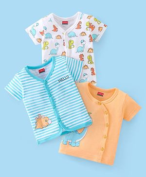 Babyhug 100% Cotton Half Sleeves Vests Stripes & Dino Print Pack of 3- Blue Orange & White