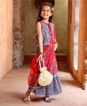 Babyhug Sleeveless Cotton Floral Printed Lehenga & Choli With Dupatta- Indigo & Red