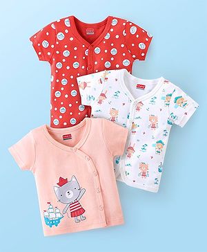 Babyhug 100% Cotton Half Sleeves Vests Boat & Kitty Print Pack of 3- Peach White & Red