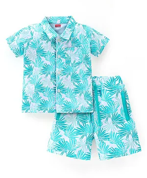 Babyhug 100% Cotton Knit Half Sleeves Shirt & Shorts Set Tropical Print - Turquoise