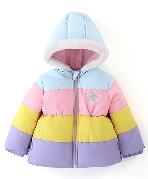 Babyhug Full Sleeves Woven Hoodie Star Patch - Purple Yellow & Blue