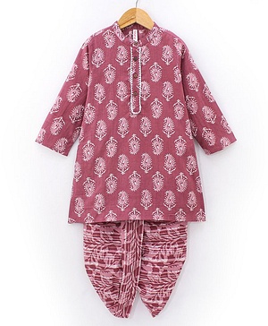 Babyhug 100% Cotton Woven Full Sleeves Kurta With Dhoti Kolka Print - Red