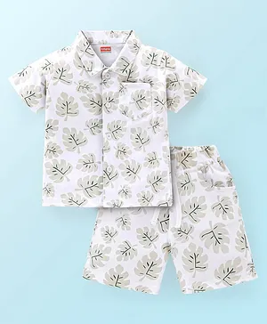 Babyhug 100% Cotton Knit Half Sleeves Shirt & Shorts Set Tropical Print - Off White