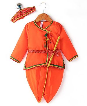 Babyhug Woven Full Sleeves Jamna Set with Forehead Cap & Waistband - Orange