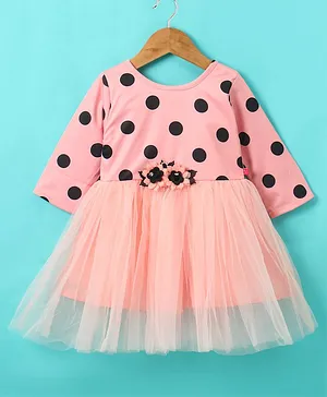 Twetoons Full Sleeves With Dots Print & Floral Applique Frocks - Peach