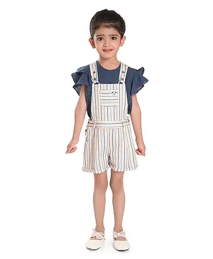 Peppermint Flutter Short Sleeves Solid Top With Balanced Striped Dungaree - Blue