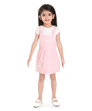Peppermint Short Sleeves Solid Top With Lace Embellished Dungaree Dress - Peach