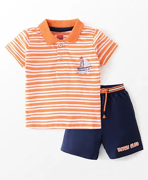 Babyhug 100% Cotton Knit Half Sleeves Striped T-Shirt and Shorts Set Boat Embroidery - Orange & BLUE