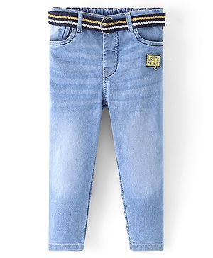 Babyhug Cotton Full Length Washed Denim Stretch Jeans With Mock Fly  - Blue