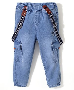 Babyhug Cotton Spandex Full Length Stretchable Washed Denim Jeans with Suspenders - Light Blue