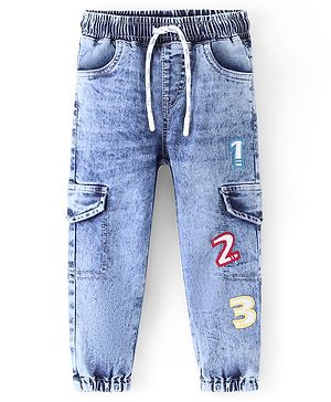 Babyhug Cotton Washed Denim Full Length Number Embroidered Jogger - Blue