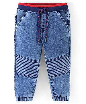 Babyhug Cotton Full Length Denim Washed Stretchable Jogger - Blue