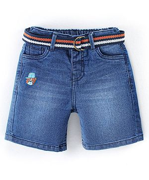 Babyhug Cotton Stretchable Above Knee Length Washed Bermuda with Belt - Blue
