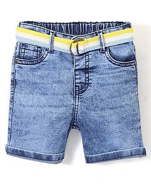 Babyhug Cotton Washed Denim Stretchable Above Knee Length Bermuda With Belt Solid With Mock Fly  - Blue