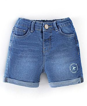 Babyhug Cotton Stretchable Mid Thigh Length Washed Shorts   Fly With Zipper -  Blue
