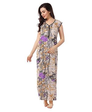 Piu Sleeveless All Over intricate Flower Designed & Branch Printed Maternity Night Dress With Concealed Front Zipper Nursing Access - Purple