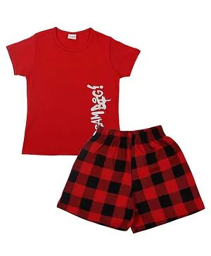RAINE AND JAINE Short Sleeves Dream Big Printed Tee With Buffalo Checkered Shorts - Red