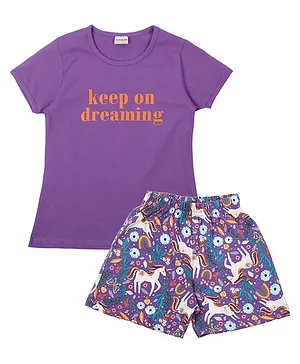 RAINE AND JAINE Short Sleeves Keep On Dreaming Tee With Seamless Unicorn & Flower Printed Shorts - Purple