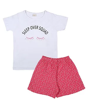 RAINE AND JAINE Short Sleeves Sleep Over Squad Tee With Seamless Triangles Printed Shorts - White & Tomato Red