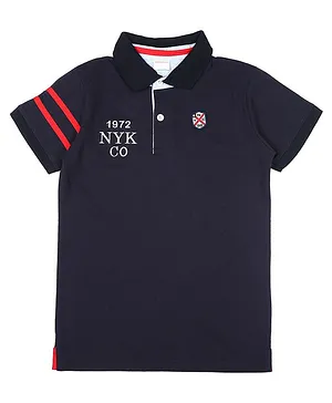 RAINE AND JAINE Half Sleeves Side Taped Text Printed & Embroidered Polo Tee - Navy Blue