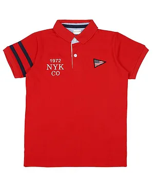 RAINE AND JAINE Half Sleeves Side Taped Text Printed & Embroidered Polo Tee - Red