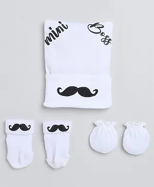 Tipy Tipy Tap Mini Boss Baby Theme Moustache Detailed Coordinating Set Of Cap With Socks & Mittens - White & Black