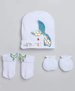 Tipy Tipy Tap Mermaid Theme Fish Tail Detailed Coordinating Set Of Cap With Socks & Mittens - White & Blue