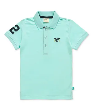JusCubs Half Sleeves Shoulder Patch Work Detailed & Placement Logo Embroidered & Bio Washed Polo Tee - Aqua Blue
