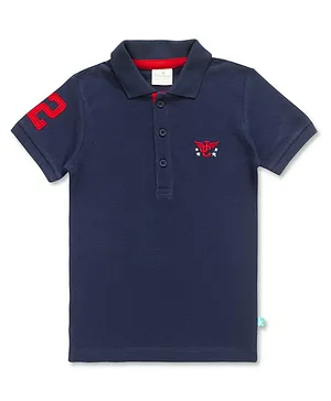 JusCubs Half Sleeves Shoulder Patch Work Detailed & Placement Logo Embroidered & Bio Washed Polo Tee - Navy Blue