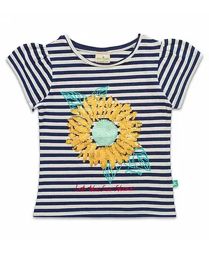 JusCubs Half Sleeves Sunflower Sequins Embroidered Candy Striped Bio Washed Tee - Blue