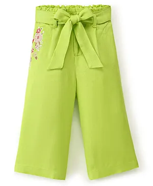 Babyhug Rayon Ankle Length Culottes with Fabric Belt Floral Embroidery - Green