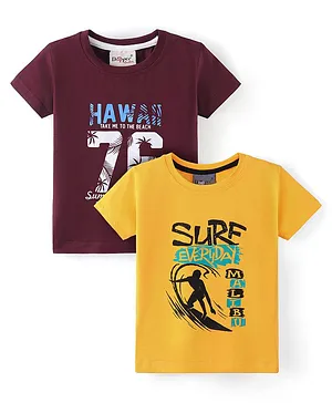 Dapper Dudes Pack Of 2  Sea Life Theme Half Sleeves Surf Everyday & Hawaii Printed Tees - Maroon & Yellow