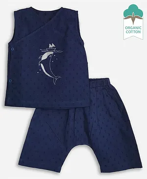 Keebee Organics Organic Cotton Sleeveless Dobby & Whale Embroidered Jhabla With Diaper Pant - Navy Blue
