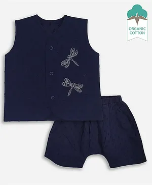 Keebee Organics Organic Cotton Sleeveless Dobby & Flies Embroidered Jhabla With Diaper Pant - Navy Blue