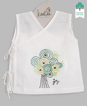 Keebee Organics Organic Cotton Sleeveless Tree Embroidered Jhabla Vest - White