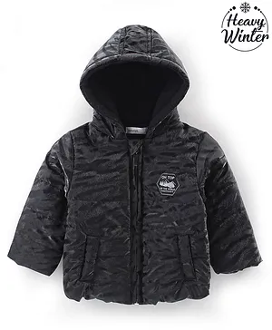 Babyoye Inner Sherpa Lined Woven Full Sleeves Velvet Textured Hooded Jacket - Black