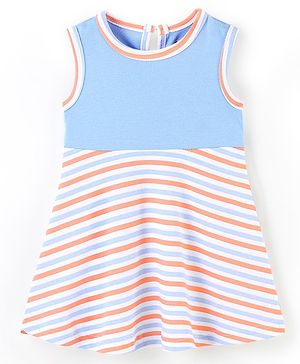 Babyhug 100% Cotton Knit Sleeveless Striped Frock - Blue